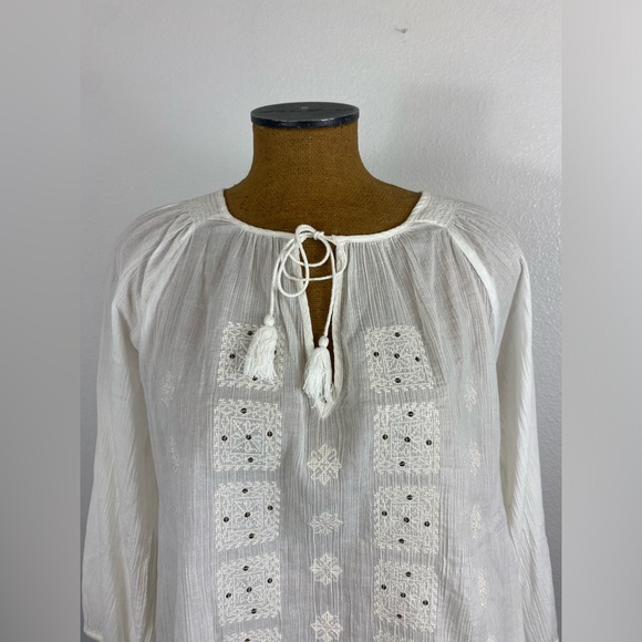 Joie Womens Peasant Blouse White Embroidered Embellished In Sequence M Tie Neck - Picture 2 of 15
